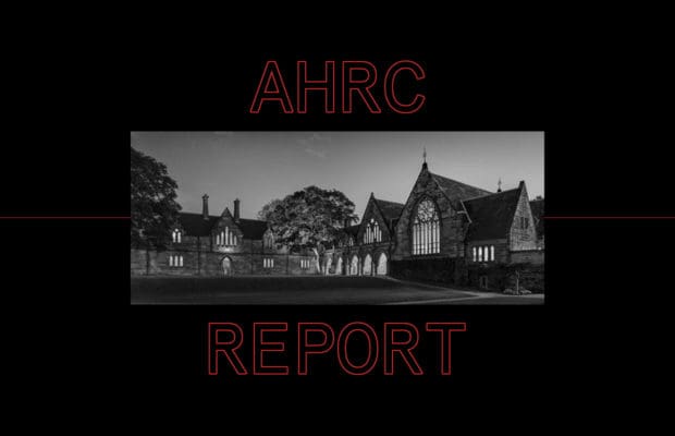 Black and white image of St Paul's college with a thick black border. The words "AHRC Report" appear in outlined red text above and below the photograph.
