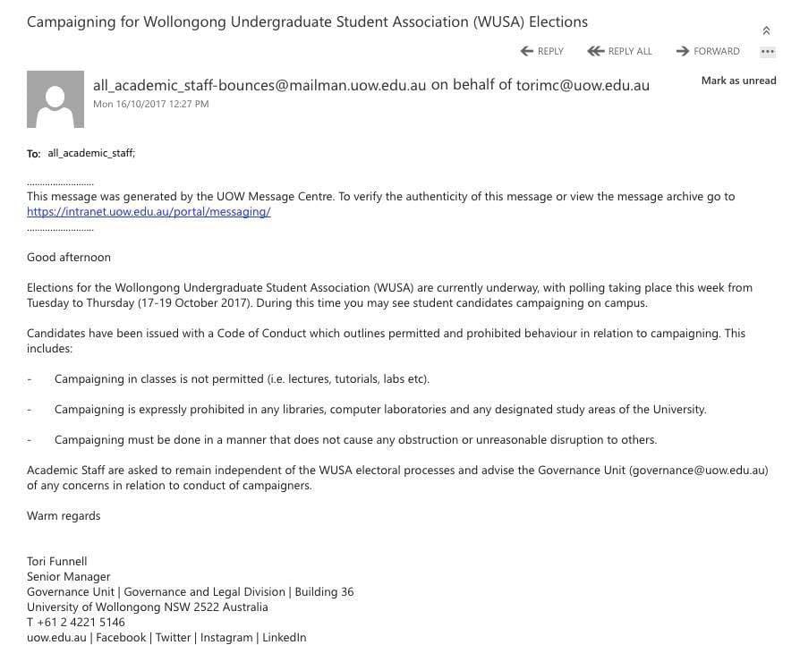 Email Sent to Wollongong Uni Staff