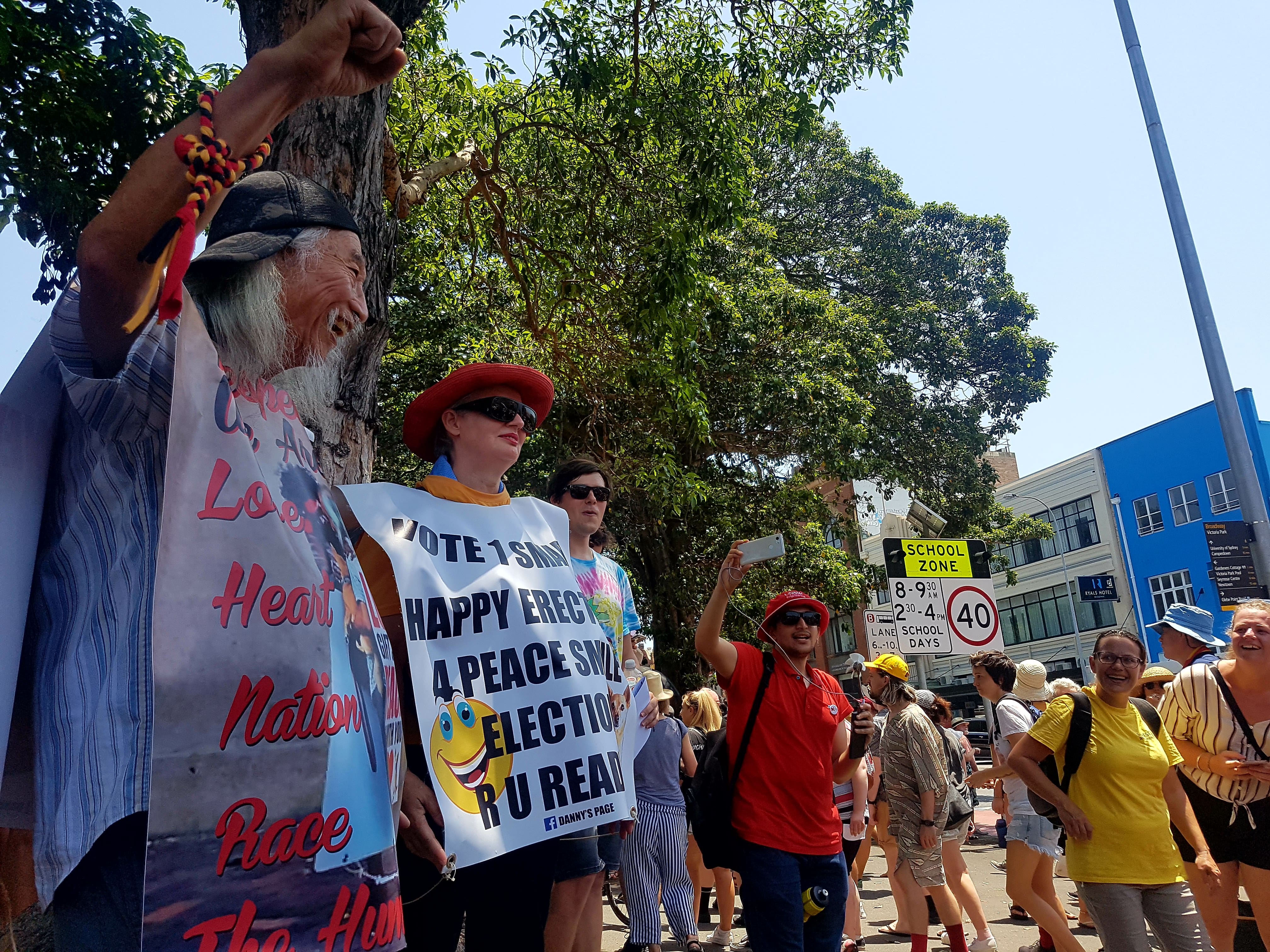 Sydney icon Danny Lim stands with protesters outside Victoria Park. 