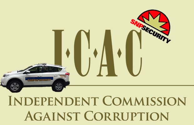 ICAC logo reads Independent Commission against Corruption and photograph of campus security car and SNP security logo