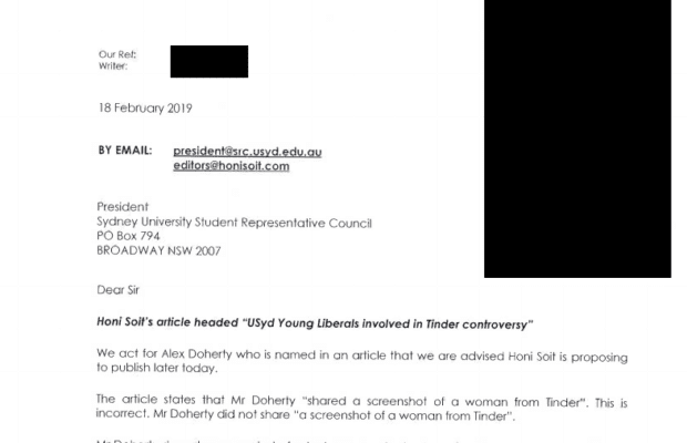 Legal letter sent to Honi regarding the inclusion of Alex Doherty in the Honi Soit article