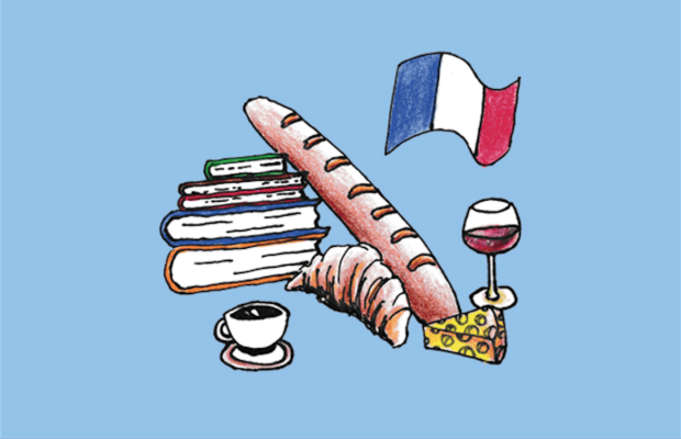 An illustration of some books, a baguette, a glass of red wine and the French flag