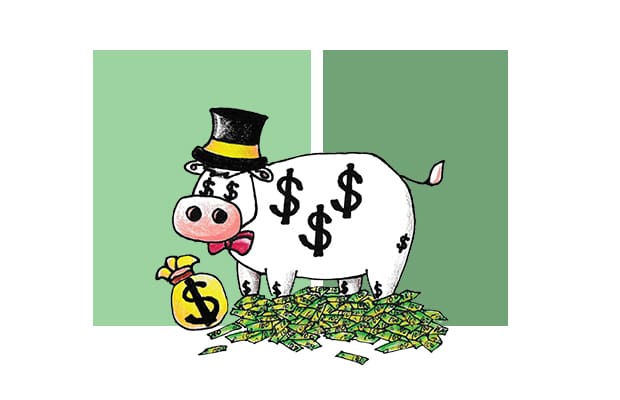A cow with dollar signs on it standing in a pile of dollars