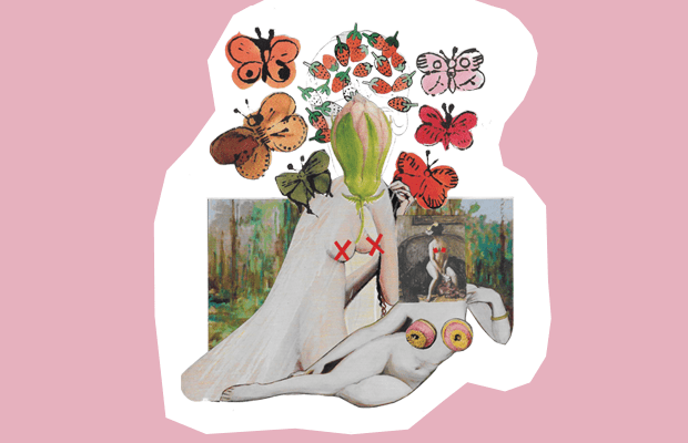 Collage artwork depicting the nude female body, censored by butterflies and flowers.
