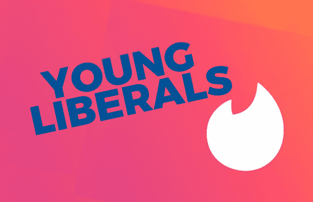 Text reading 'YOUNG LIBERALS' on a red background, featuring the Tinder logo.