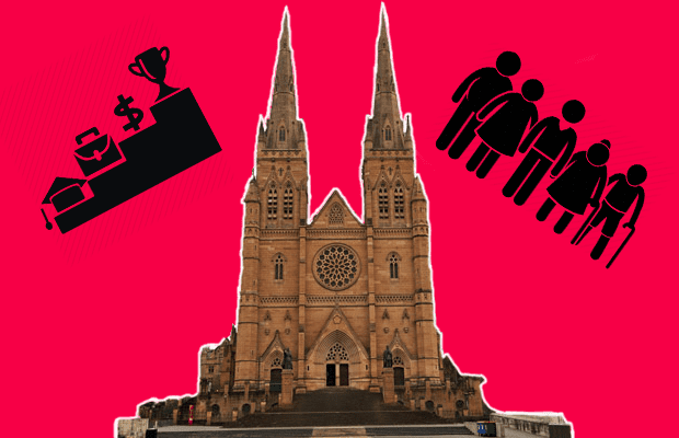 Photograph of St mary's cathedral in Sydney alongside graphics of multi-generational family and a set of steps depicting common objectives including education, career, money etc.