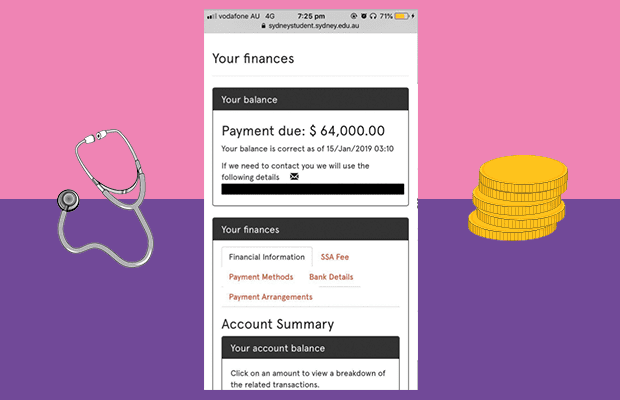 Screenshot of the increased fees displayed on Sydney student, surrounded by a graphic of a stethoscope and a pile of coins