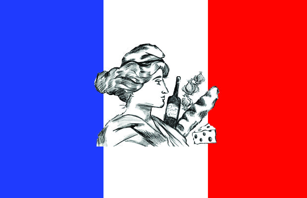 A French flag upon which there is a sketch of cheese, wine, a baguette, onions and a woman in a beret.