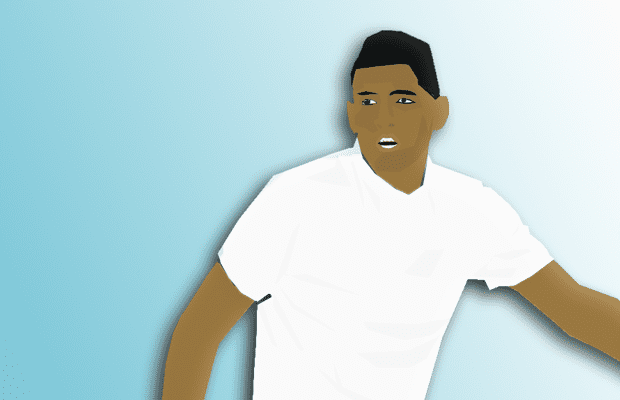 A digital illustration of Kyrgios in action against a light blue background