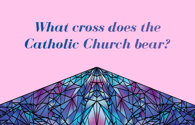 Tect reading "What cross does the church bear?" On top of a triangle filled in with a blue and purple stained glass pattern.