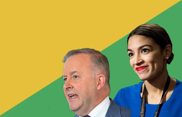 Photo of Alexandro Ocasio-Cortez and Anthony Albanese on background of green and gold