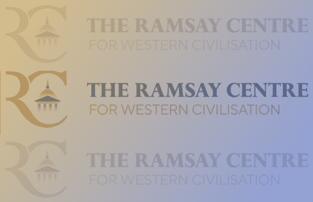 The Ramsay Centre logo repeated three times over a gold and blue gradient background