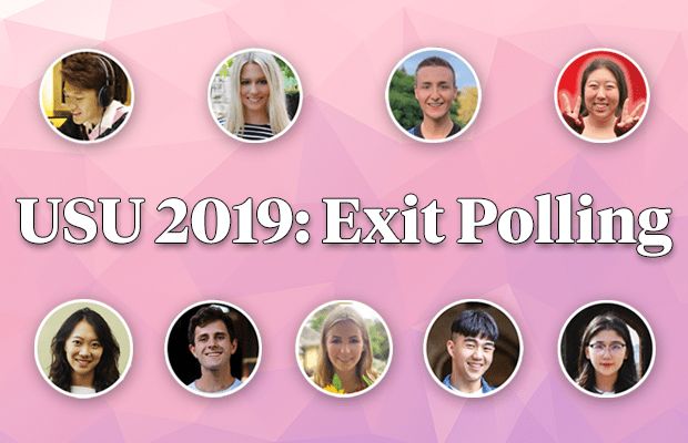 All nine candidates over a pink background with the test "USU 2019: Exit Polling" in the middle