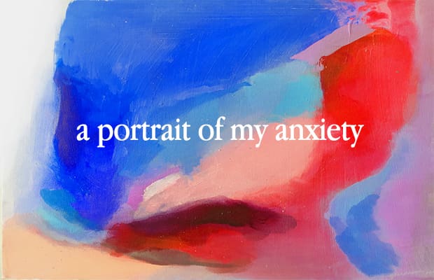 A watercolour painting of blues, reds, pinks and purples. There is white text saying "A portrait of my anxiety" over it.