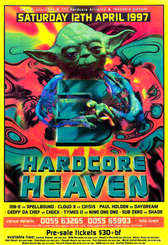 Image: Flyer advertising a "Hardcore Heaven" event from 12 April 1997. There is a picture of Yoda, a Star Wars character, and there are details of the event below.
