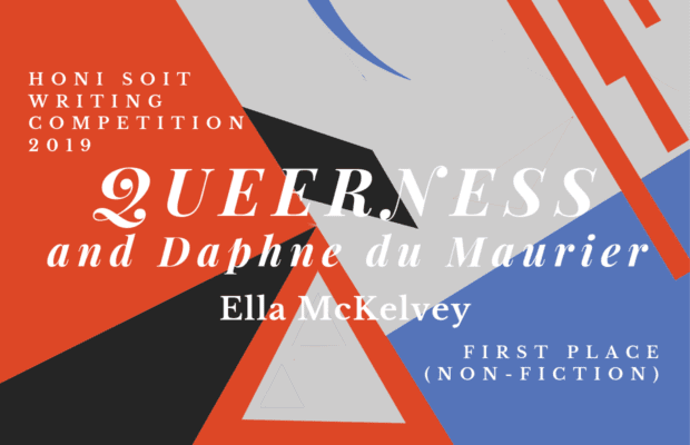 An abstract background of red, black, grey and blue, with triangles, lines and crescents. The main text says "Queerness and Daphne du Maurier."