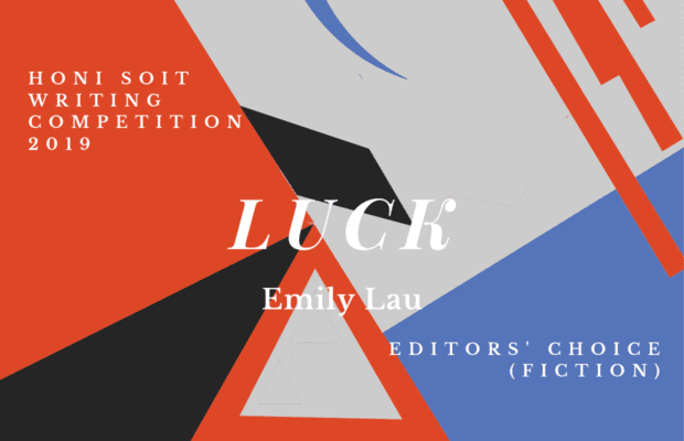 An abstract background of red, black, grey and blue, with triangles, lines and crescents. The main text says "Luck"