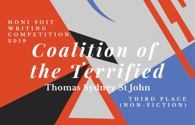 An abstract background of red, black, grey and blue, with triangles, lines and crescents. The main text says "Coalition of the terrified."