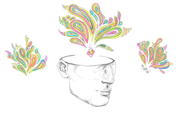 Three artworks, one is of half a hollow human head with a tab of LSD on top of it exploding into rainbow coloured patterns. On either side of this are smaller but similar patterns of rainbow colour.