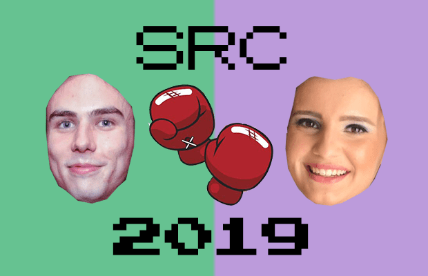 Bald disembodied heads of Jakovac and Donohoe on green and purple background with boxing gloves between them with text SRC 2019