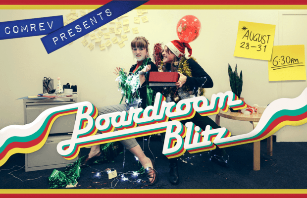 Boardroom Blitz poster, two people sit in a messy office
