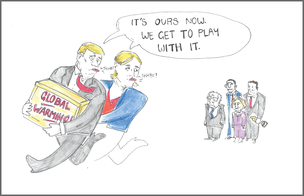 A cartoon of Donald Trump and Marine Le Pen running away from a group of Democrats clutching a box entitled 'Global Warming', simultaneously saying "It's ours now, we get to play with it"