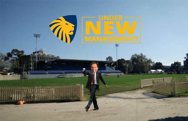 Robert Smithies walks off Oval No.1 next to sign that says "Under New Management"