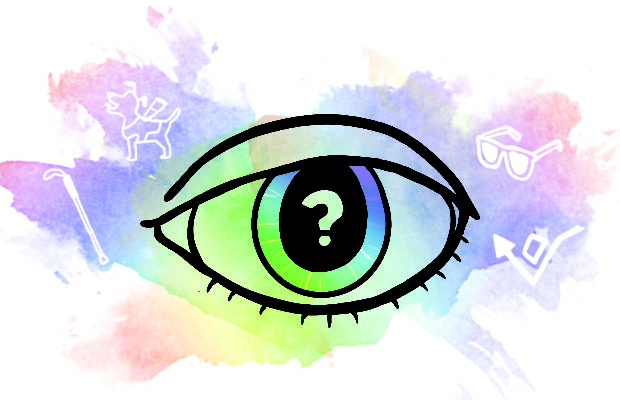 Image of an eye with a question, and a colour splash behind it.