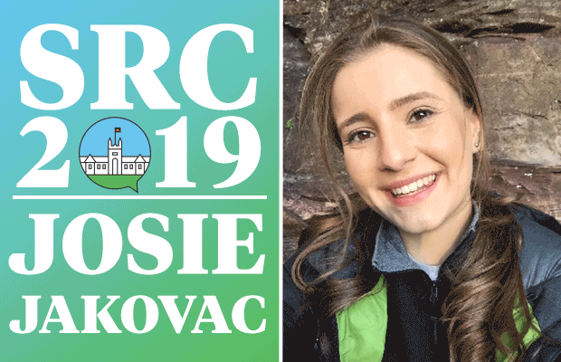 A photo of Josie Jakovac next to text reading: "SRC 2019: Josie Jakovac". The 0 in 2019 is a rotating SRC logo
