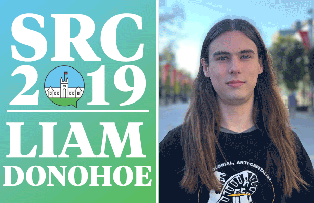 A photo of Liam Donohoe next to text reading: "SRC 2019: Josie Jakovac". The 0 in 2019 is a rotating SRC logo