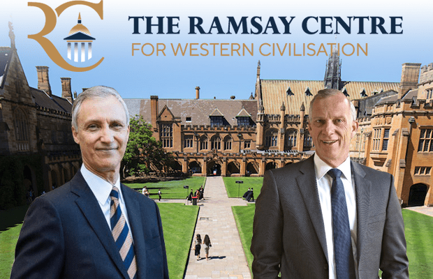 Michael Spence and Simon Haines on Quad with Ramsay logo