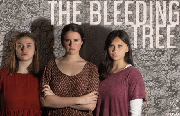 The three actors stand against a wall. THE BLEEDING TREE is written across the top.