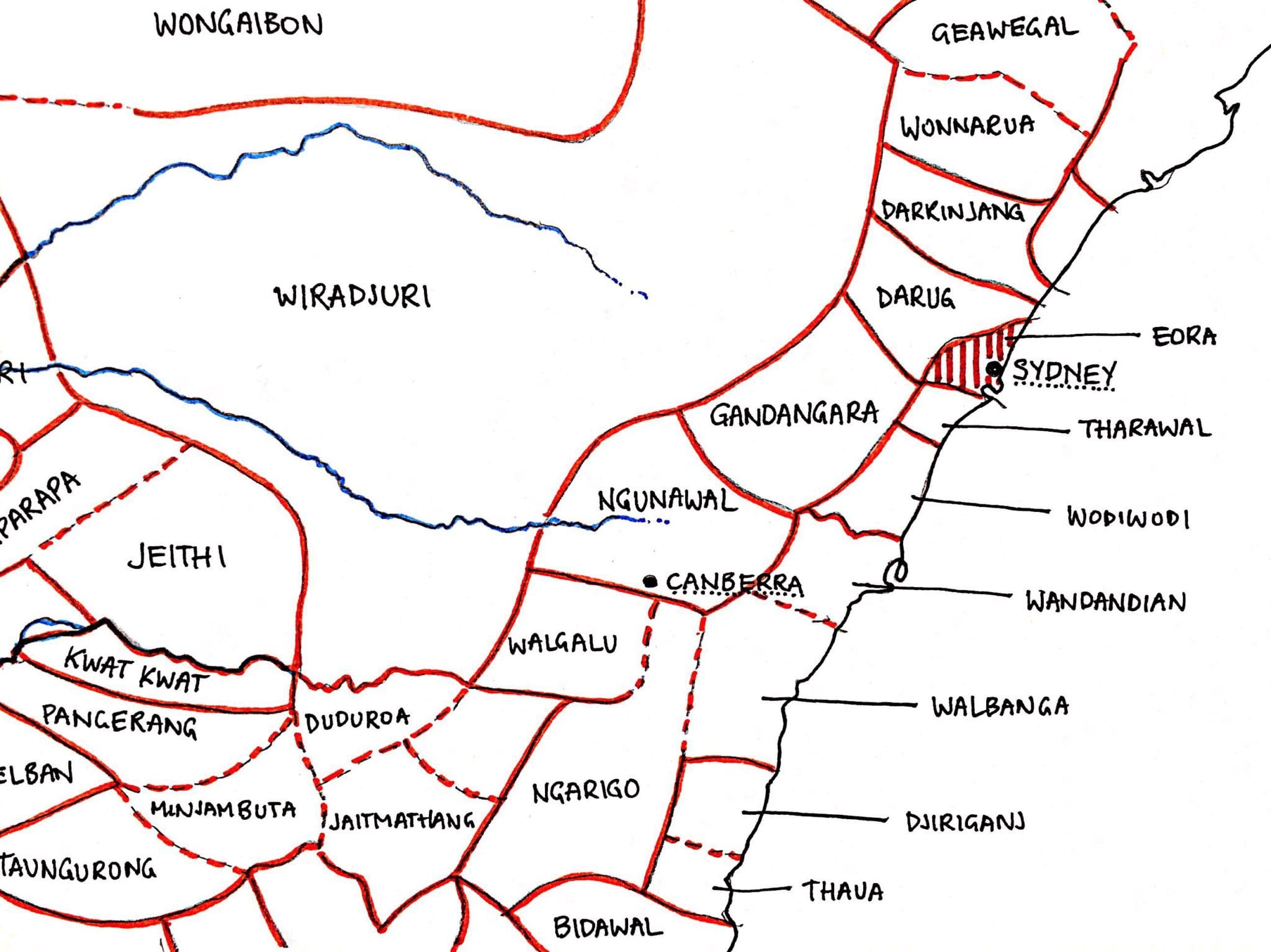 A hand drawn map of part of NSW showing the Indigenous nations. Eora is coloured in.