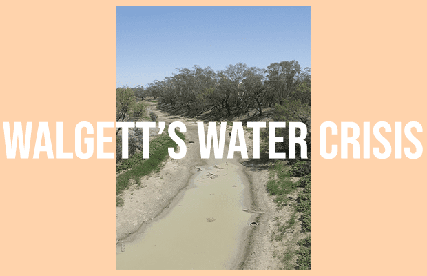Picture of empty riverbed in Walgett with text reading "Walgett's Water Crisis" overlayed.