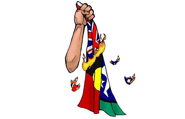 A resistant hand holding a burning Australian flag to reveal the Aboriginal and Torres Strait Islander Flag