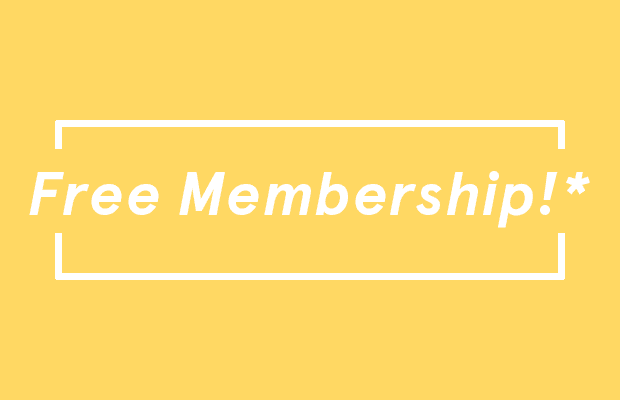 Whit text against a yellow background which reads: Free membership! with an asterisk following.