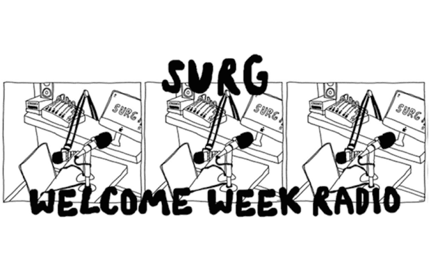 A black and white design which reads "SURG Welcome Week Radio"