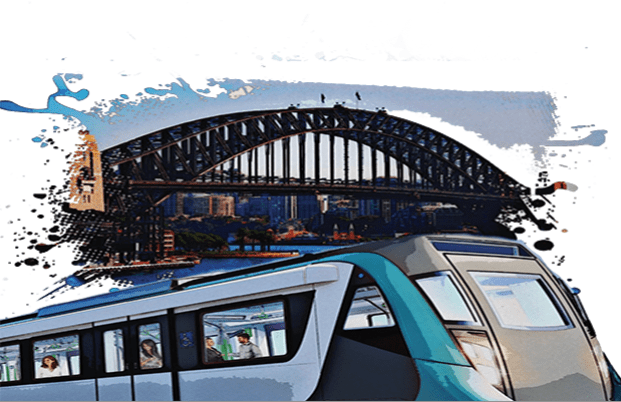 Image of a metro car running in front of the harbour bridge