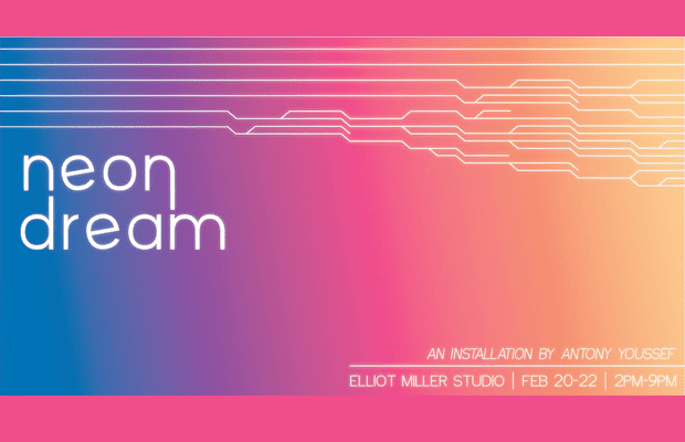 Advertisement for Neon Dream in pink, blue and purple