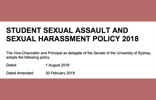 Red background with screenshot of University's sexual harassment policy amendment date