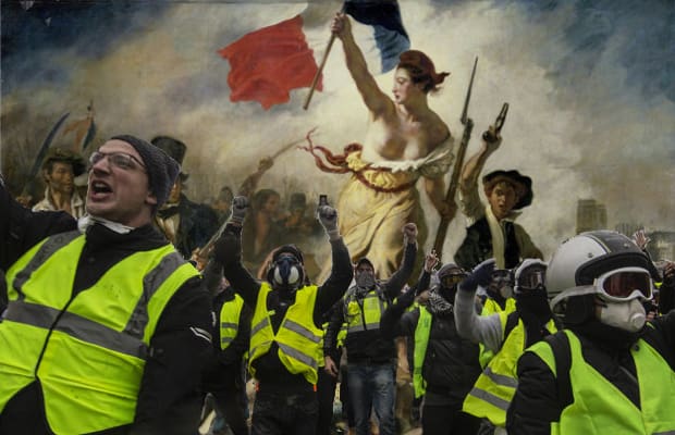 Photo of yellow vest protestors in foreground with historical art, Delacroix's 'La Liberté Guidant le Peuple'