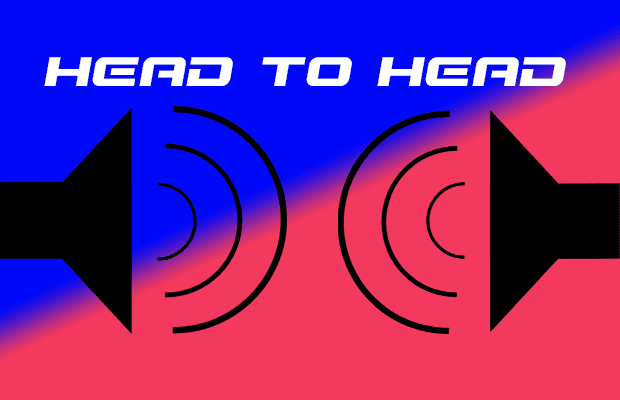 "Head to head" written in futuristic text next to neon red and blue with two volume logos blaring
