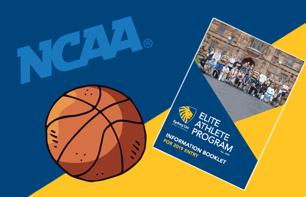 Photo of EAP program 2019 and NCAA logo alongside cartoon basketball