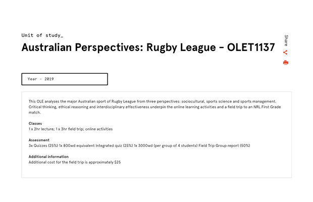 A screenshot of the unit description for OLET1137, "Australian Perspectives: Rugby League"