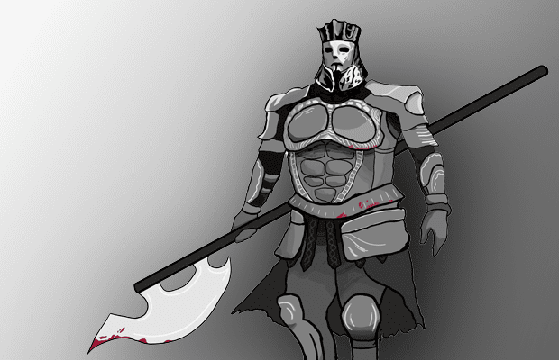 An artwork of an armour-clad boss from the game Dark Souls wielding an axe
