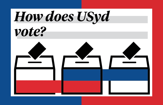 A red and blue graphic featuring clipart of a ballot box