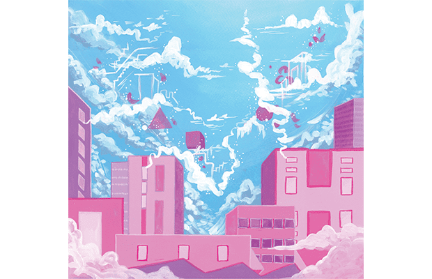bright pink buildings against a blue sky that is filled with ethereal clouds and geometric shapes