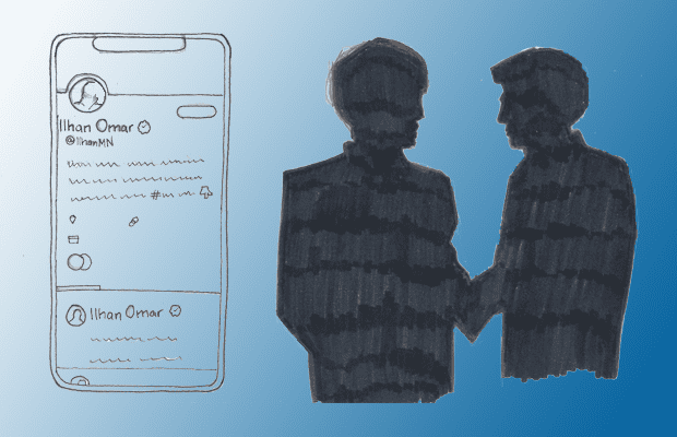 An illustration of two silhouetted individuals shaking hands and a Ilhan Omar's Twitter profile