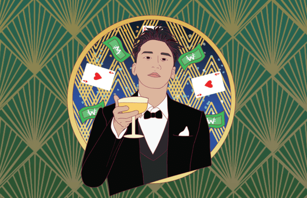 Seungri holds up a wineglass, standing against an art deco background with poker cards and money flying in the air.