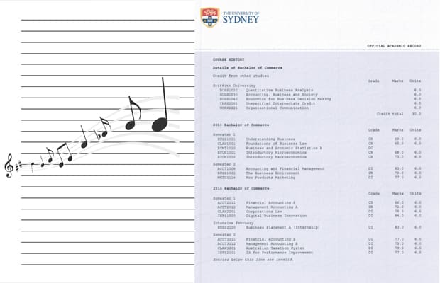 photo of academic transcript on lined paper and musical notes